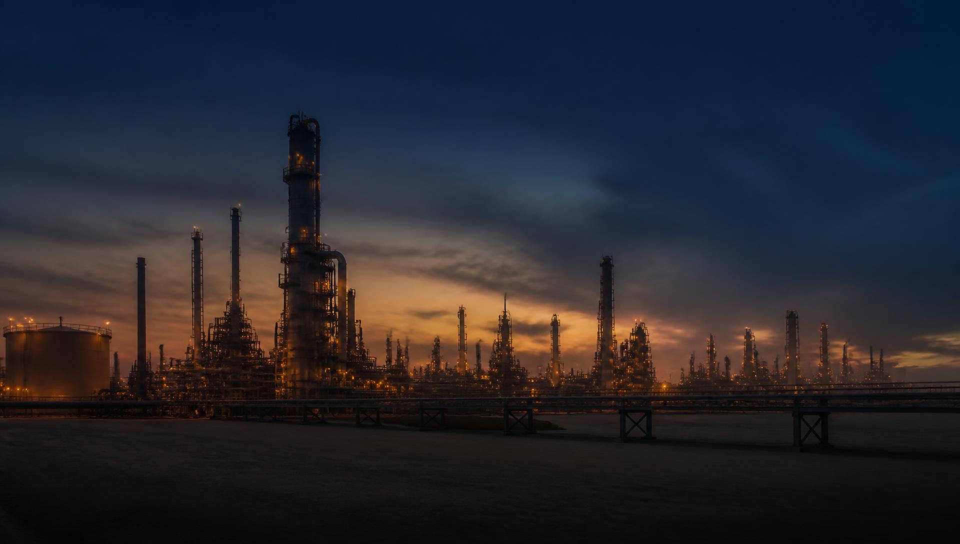Kuwaiti refinery and pipeline infrastructure at dusk